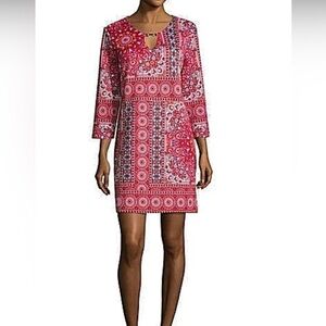Tiana B Red Navy Silk Garden Tunic Pullover Top Size 10